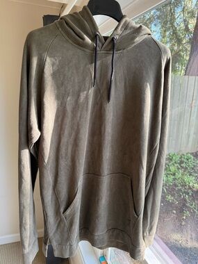 True Religion olive pullover hoodie. The material has a soft, leather-like feel.